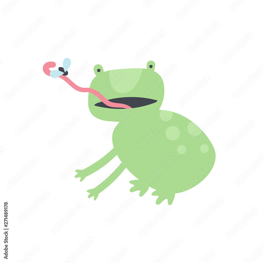 Fototapeta premium Vector scandinavian animal character illustration. Colorful childish cute jumping frog catch by tongue and eat fly isolated on white background. Design for child goods decoration, print, web backdrops