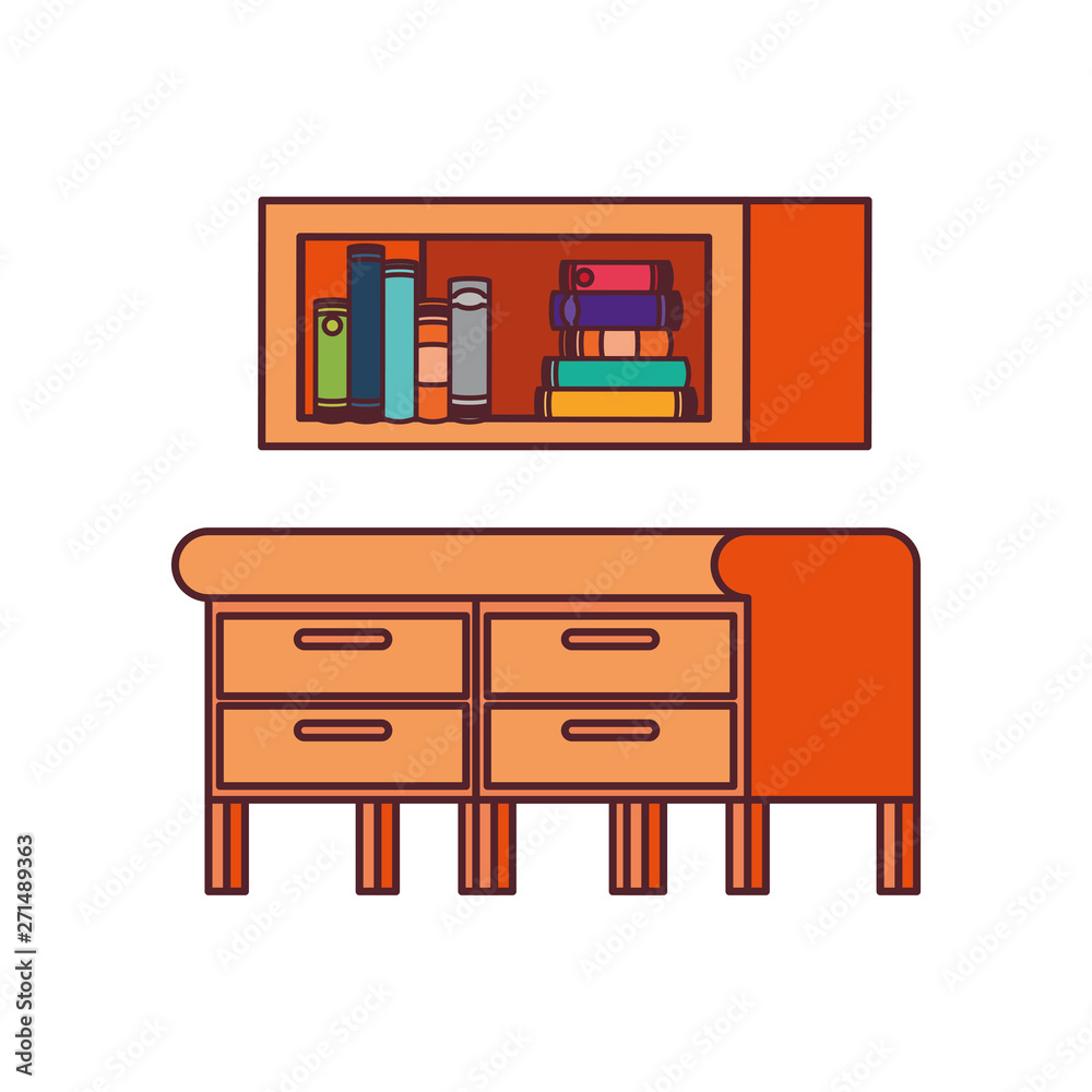 desk and shelving with stack of books on white background desk and shelving with stack of books on white background