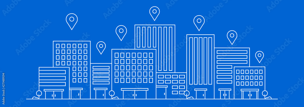 Vector thin line city landscape. Position or location building with pin - obrazy, fototapety, plakaty 