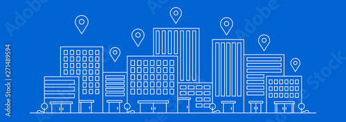 Vector thin line city landscape. Position or location building with pin