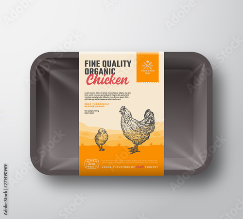 Fine Quality Organic Beef. Abstract Vector Meat Plastic Tray Container with Cellophane Cover. Vertical Packaging Design Label. Hand Drawn Chicken Silhouettes Landscape Background Layout.