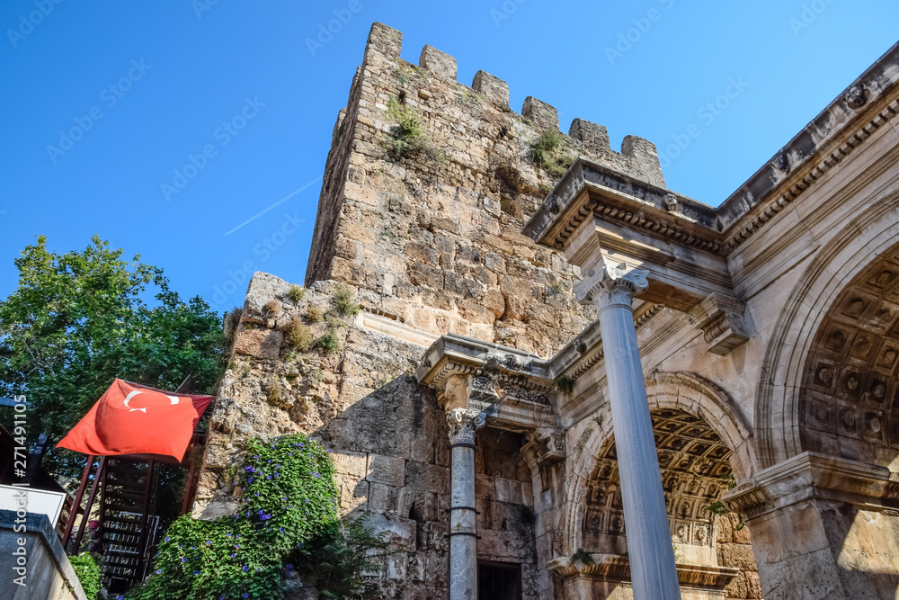 Adrian Gate, Antalya landmark, Turkey. Antique construction of marble and limestone.