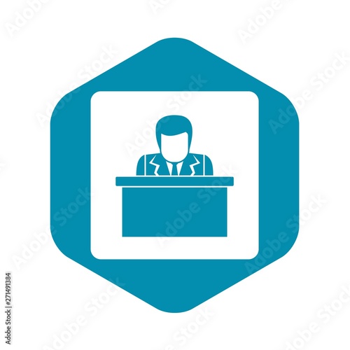 Orator speaking from tribune icon in simple style isolated vector illustration