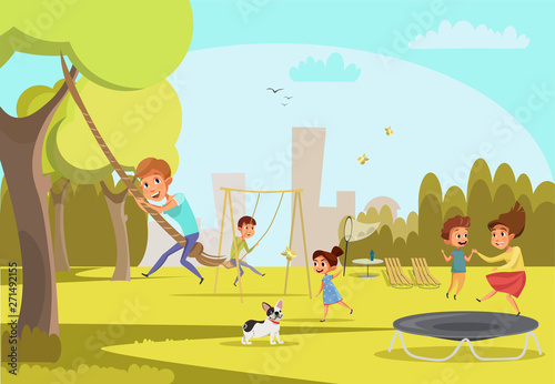 Children on playground flat vector illustration