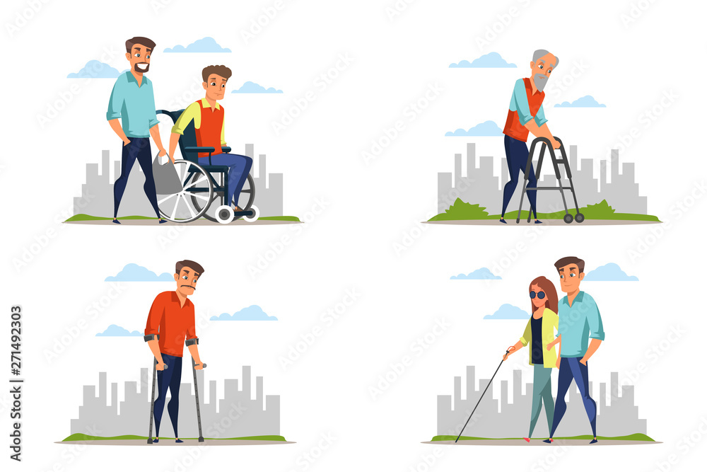 Disabled people flat vector illustrations pack isolated on white background