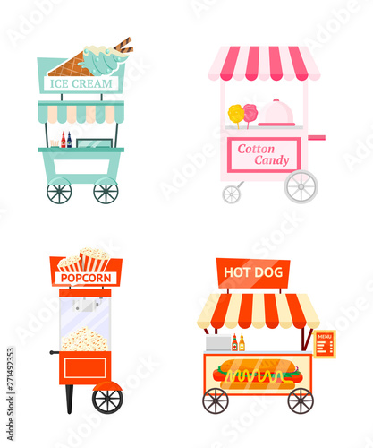 Street food kiosk flat vector illustration set