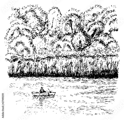 A hand-drawn sketch of a fisherman on the water in calm weather. Design for card, poster or wallpaper. Inc. Black and white. Isolated. There is an option in the vector.