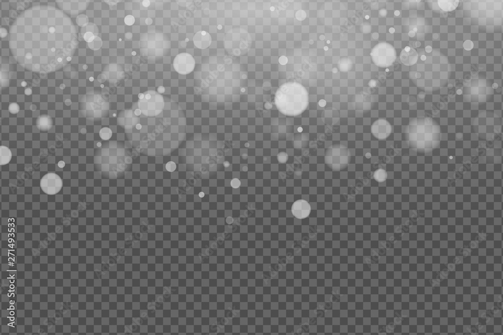 Light effect of white glares bokeh isolated on transparent background. Bright glow. Realistic glitters. Falling snowflakes effect. Random blurry spots. Vector illustration - obrazy, fototapety, plakaty 