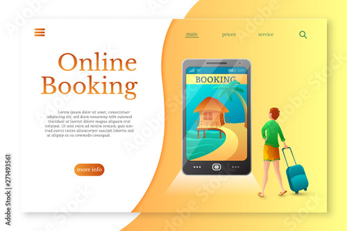 Online booking landing page layout. Resort booking online flat vector illustration