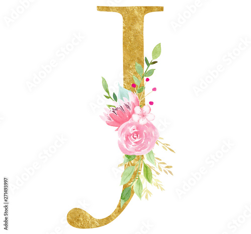 Quadro su tela Initial J letter with flowers raster illustration