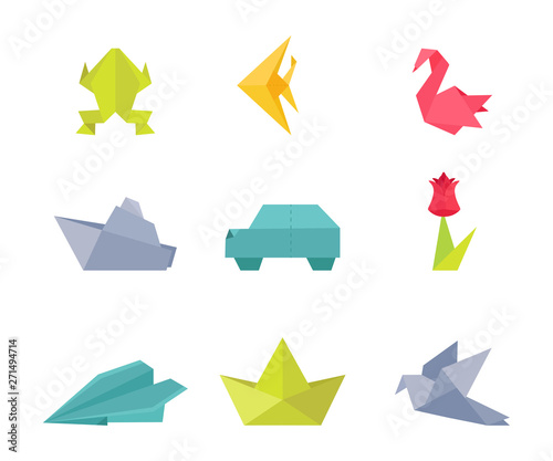 Origami, paper crafts vector illustrations set