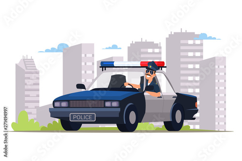 Cop patrolling street flat vector illustration