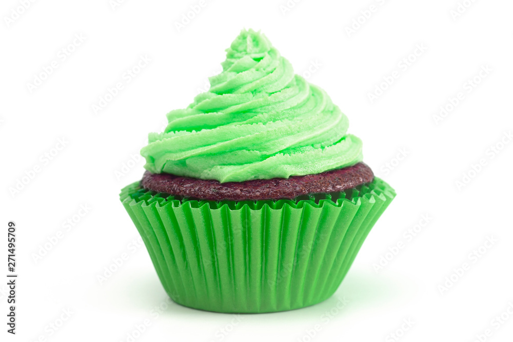 A Single Green Iced Chocolate Cupcake Isolated on a White Background A Single Green Iced Chocolate Cupcake Isolated on a White Background