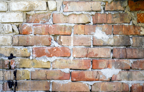 Empty Old Brick Wall Texture. Grungy Wide Brickwall. Grunge Red Stonewall Background. Abstract Web Banner. Copy Space.