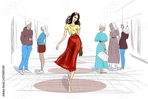 hand drawn model walking throw people