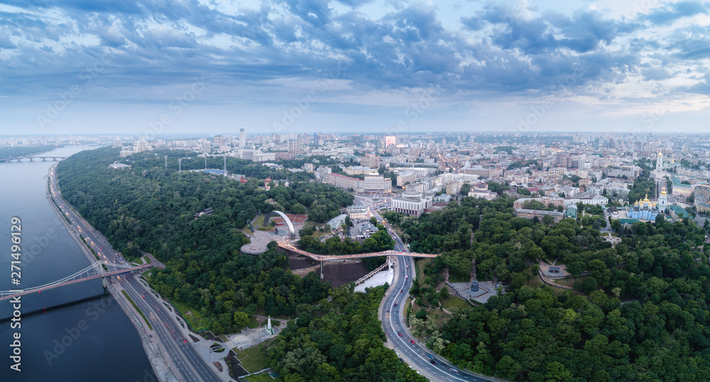 Aerial view of the new glass bridge in Kiev at night