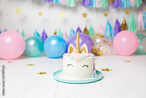 Unicorn Cake with Balloons and Streamers