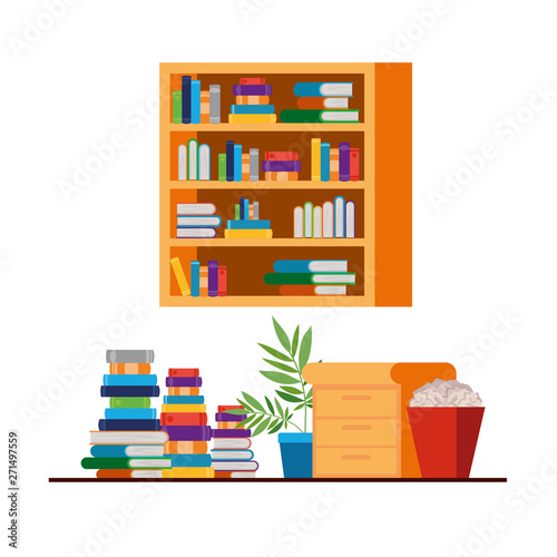 shelving with books and wooden drawer