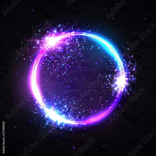 Neon light circle background with explosion particles glitter confetti star spark. Electric round frame. Geometric shape technology design. Brightly lit illuminated vector illustration. 80s style sign