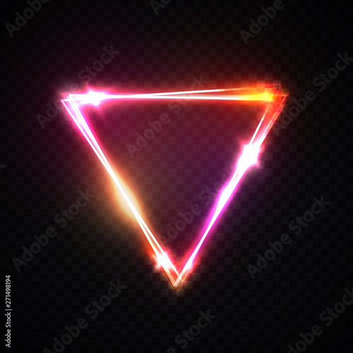 Upside down triangle neon background. Electric geometric shape with light flare glow on transparent. Shining logo border design for casino night club disco rave party in 1980 style vector illustration