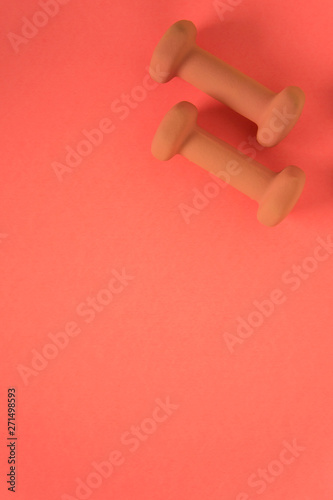 Fitness equipment with womens orange weights/ dumbbells isolated on a orange background with copyspace © Jaimie