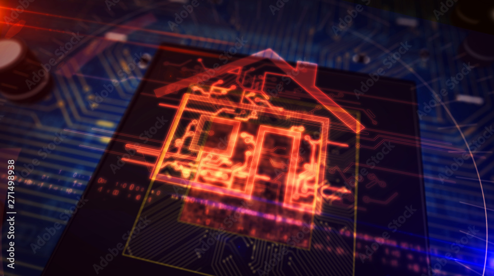Fototapeta premium CPU on board with iot smart home symbol hologram display