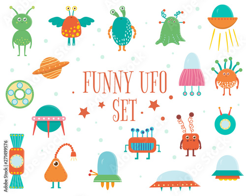 Vector set of cute aliens, UFO, flying saucer for children. Bright and funny flat illustration of smiling extraterrestrial creatures isolated on white background