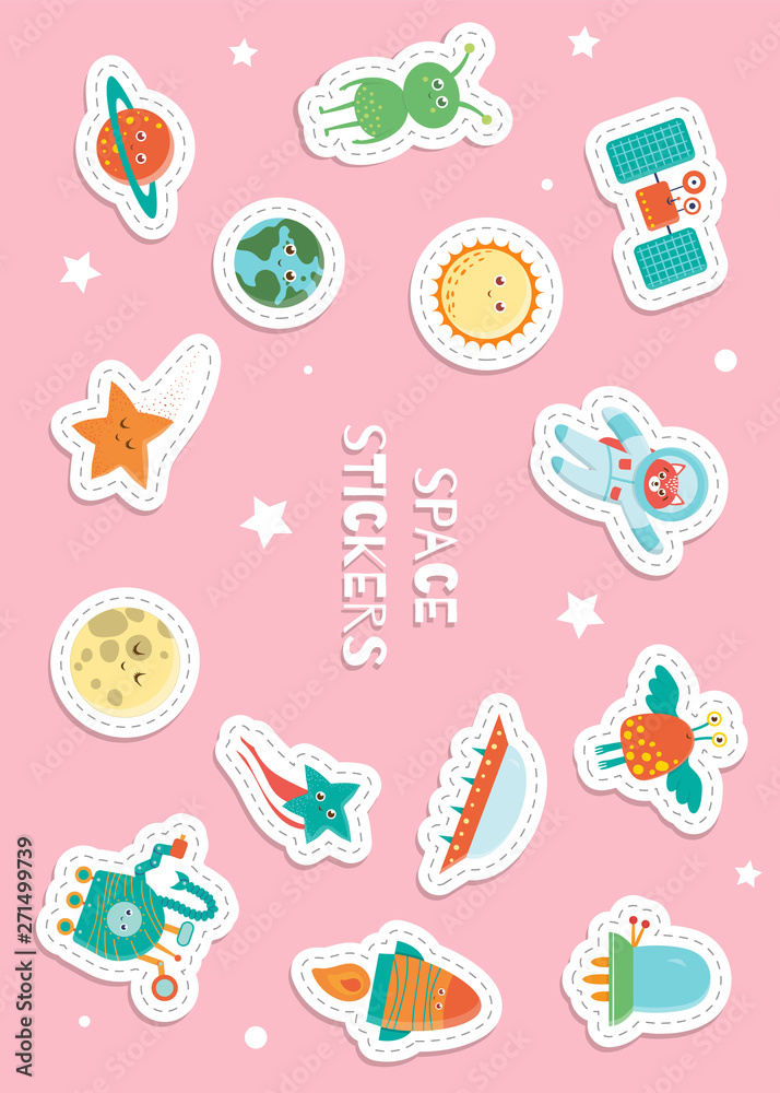 Cute space stickers for children on pink background. Bright flat illustration of satellite, astronaut, alien, sun, planet, earth, star, moon, UFO, rover, rocket. Cosmic smiling characters for kids