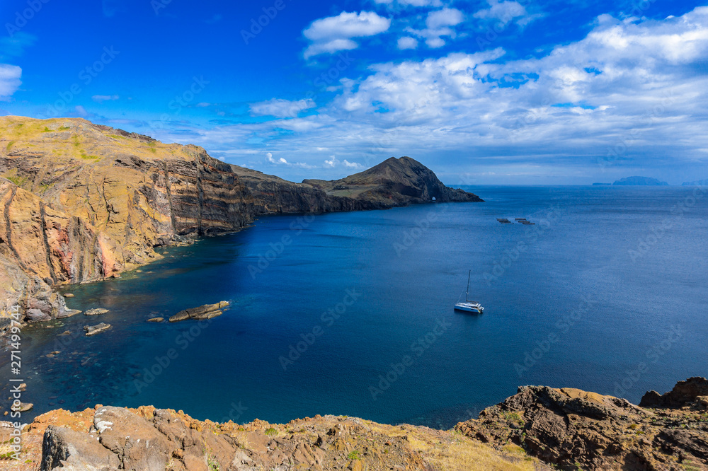 Aerial view of the wild beach and cliffs at Ponta de Sao Lourenco, Madeira