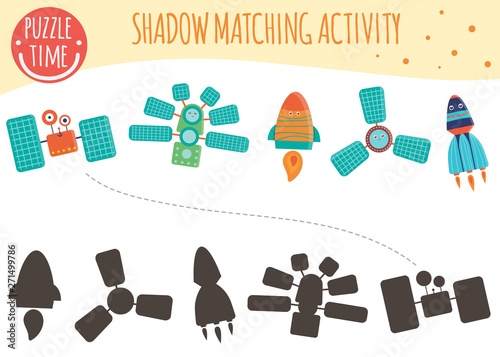 Shadow matching activity for children. Space technics. Cute funny smiling characters