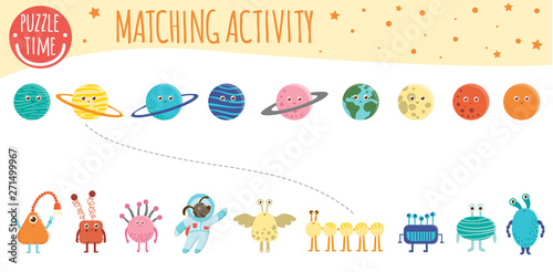 Matching activity for children with planets, aliens and astronaut. Space topic. Cute funny smiling characters.