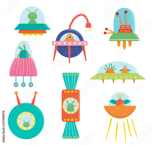 Vector set of cute aliens, ufo, flying saucer for children. Bright and funny flat illustration of smiling extraterrestrial creatures sitting in space transport.