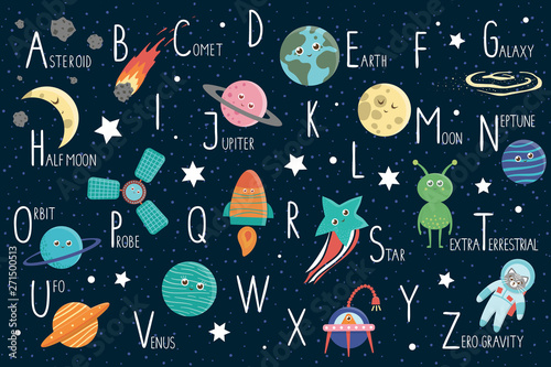 Space alphabet for children. Cute flat ABC with galaxy, stars, astronaut, alien, planet, spaceship, probe, comet, asteroid. photo