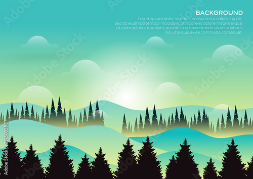 Vector mountains and forest landscape. Beautiful background early in a daylight