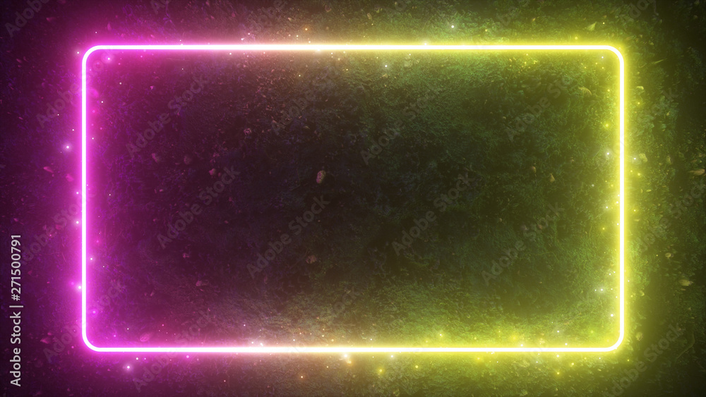 Obraz premium Rectangular neon shimmering luminous form on the background of a dirt forest surface. The spectrum of modern ultraviolet fluorescent light. 3d illustration