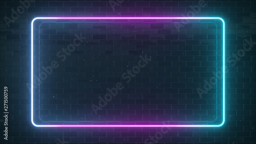 Rectangular neon sparkling luminous form on the background of a brick reflective surface. Modern ultraviolet fluorescent light spectrum. 3d illustration