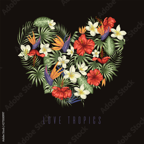 Vector composition of green tropical leaves with plumeria, strelitzia and hibiscus flowers framed in heart shape on black background. Summer or spring tropical background. Exotic jungle design