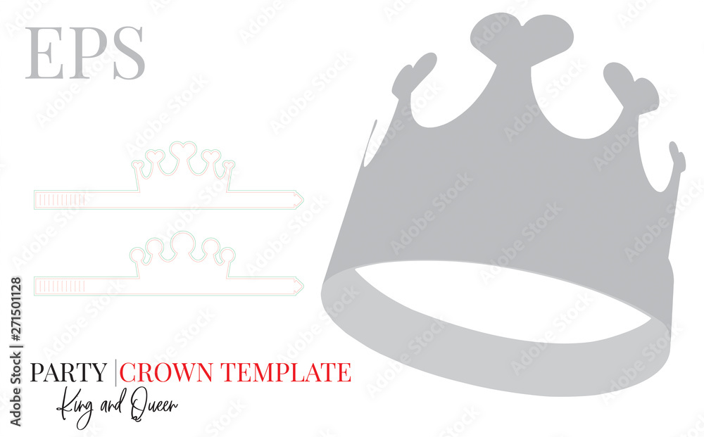 Party Crown template, vector with die cut / laser cut lines. White, clear,  blank, isolated Party Crown mock up on white background with perspective  view. Birthday Crown, Princess Crown, self lock vector