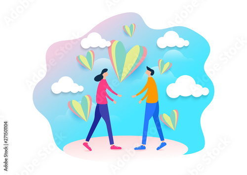 Romantic couple with heart flying. Background of love  valentine s day. Romantic concept