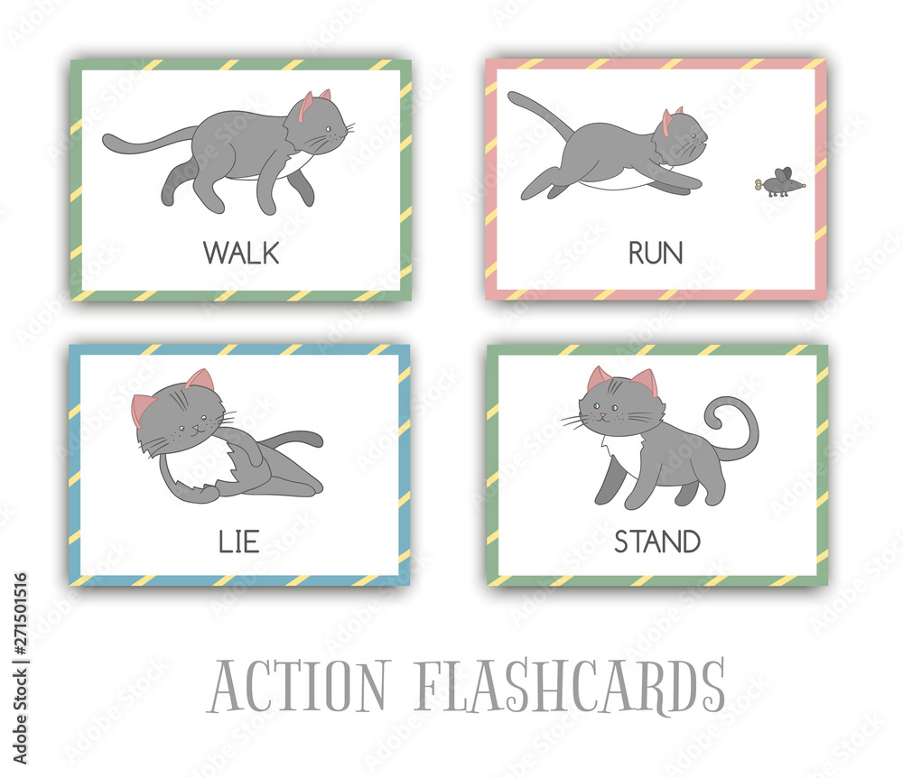 Vector set of actions flash cards with cat. Cute character standing, running, walking, lying. Cards for early learning. .