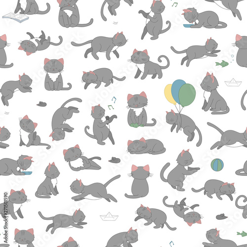 Vector seamless pattern of cute cartoon style cat in different poses. Animal character illustration for children. Hand drawn funny kitten. Repeat background with pets for kids, coloring, animation..