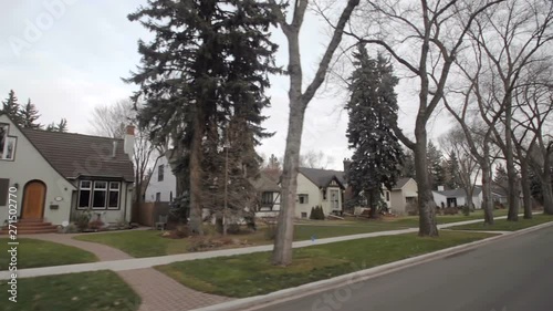 View down a street of an established neighbourhood with houses and large trees; Edmonton, Alberta, Canada