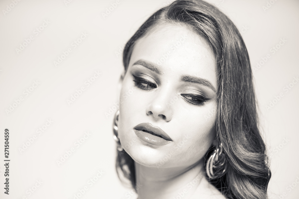 Fototapeta premium Beautiful Woman With Beauty Makeup On Face Red Lipstick On Lips And Glamourous Look