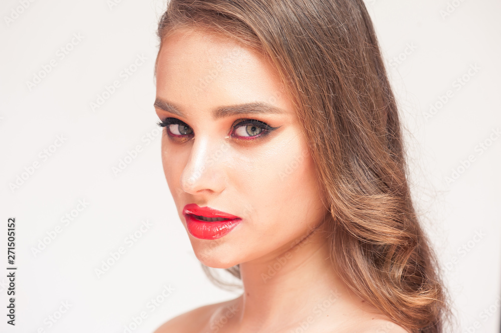 Eyelashes Makeup. Woman Beauty Face With Black Lashes Extensions and Red Lips Eyelashes Makeup. Woman Beauty Face With Black Lashes Extensions and Red Lips