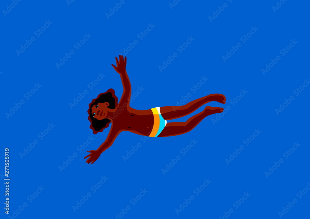 Little black girl dive under the water. Summer holiday bright vector illustration