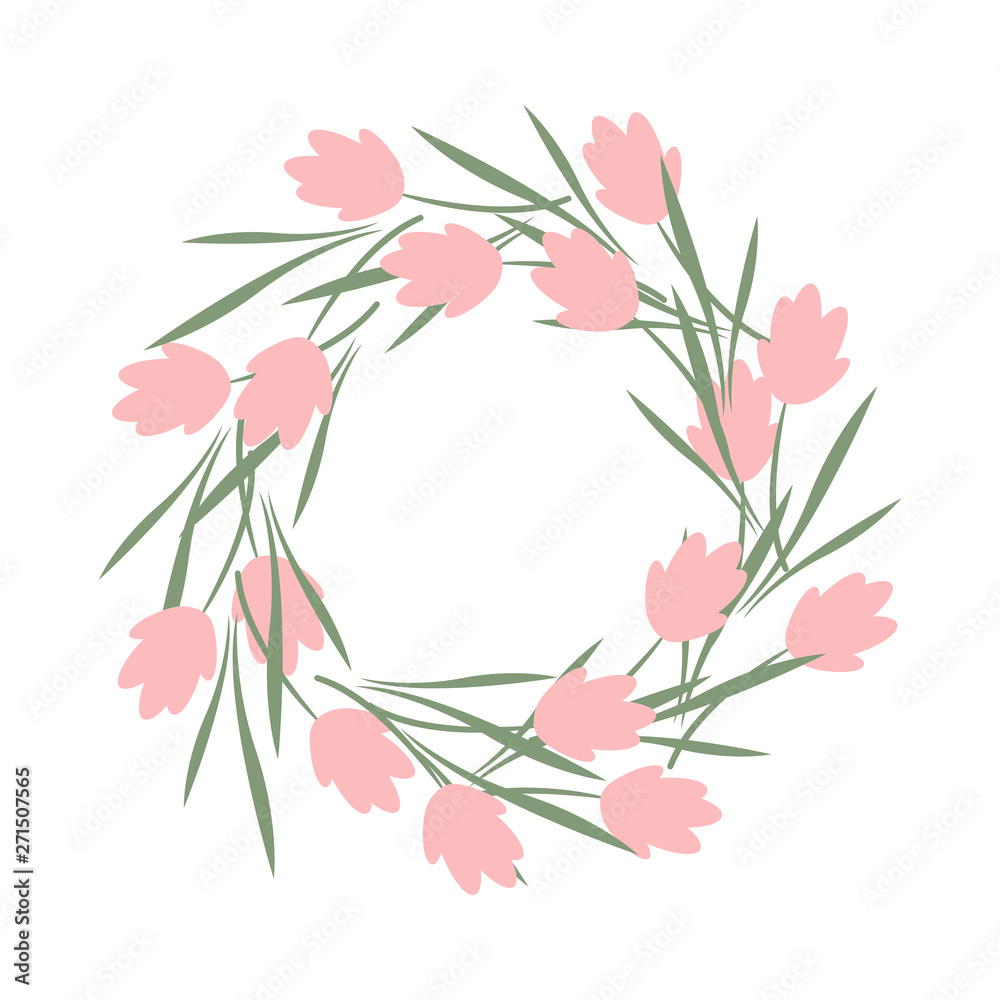 A wreath of pink flowers. Summer wreath. Frame round of flowers. Background for postcards and wishes.