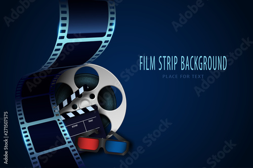 Film reel, clapper board, 3d cinema glasses and twisted cinema tape isolated on blue background. Movie poster template with sample text for cinema design. Cinematography concept. Vector illustration