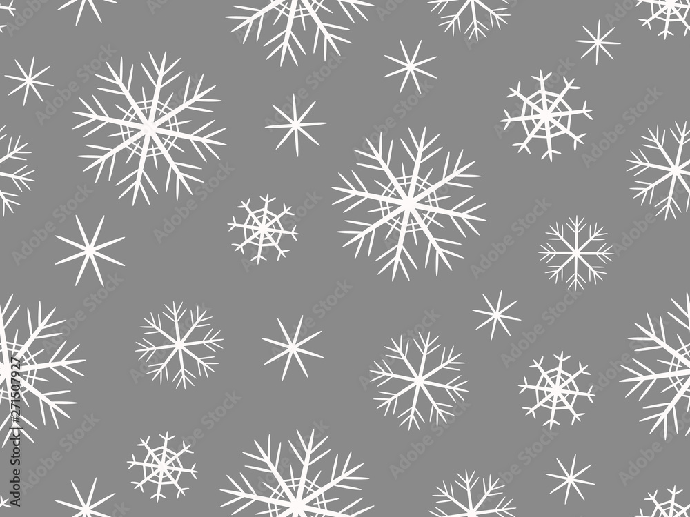 Pattern with white snowflakes of different shapes on a gray background