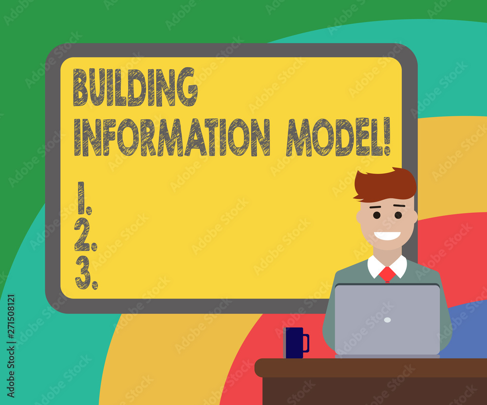 Conceptual hand writing showing Building Information Model. Business photo showcasing Digital representation of physical facility Bordered Board behind Man Smiling with Laptop Mug on Desk Conceptual hand writing showing Building Information Model. Business photo showcasing Digital representation of physical facility Bordered Board behind Man Smiling with Laptop Mug on Desk