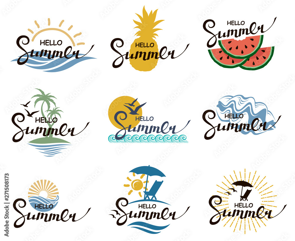 emblems collection of hello summer lettering with beach, pineapple and watermelon isolated on white background emblems collection of hello summer lettering with beach, pineapple and watermelon isolated on white background